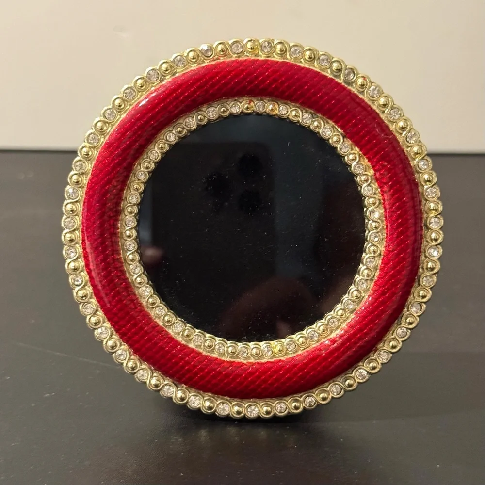 Round Red Enamel Picture Frame MMA Gold Rhinestone Christmas Valentine 4”